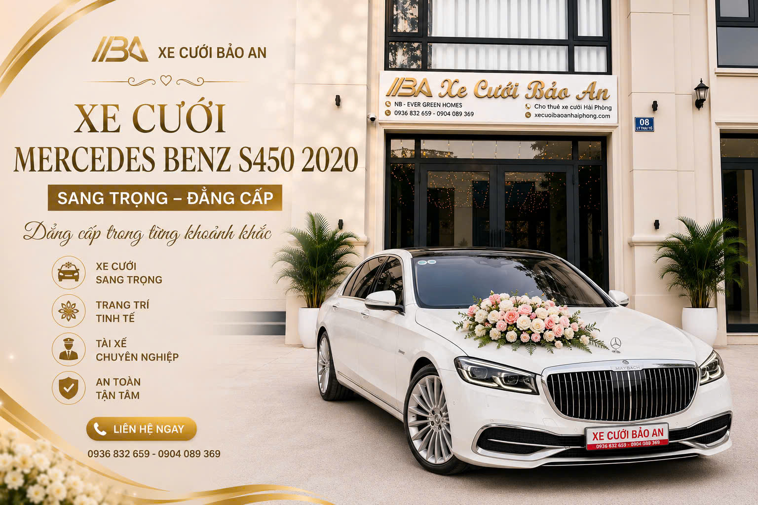 Cho thuê xe cưới Mercedes S450 trắng tại Hải Phòng